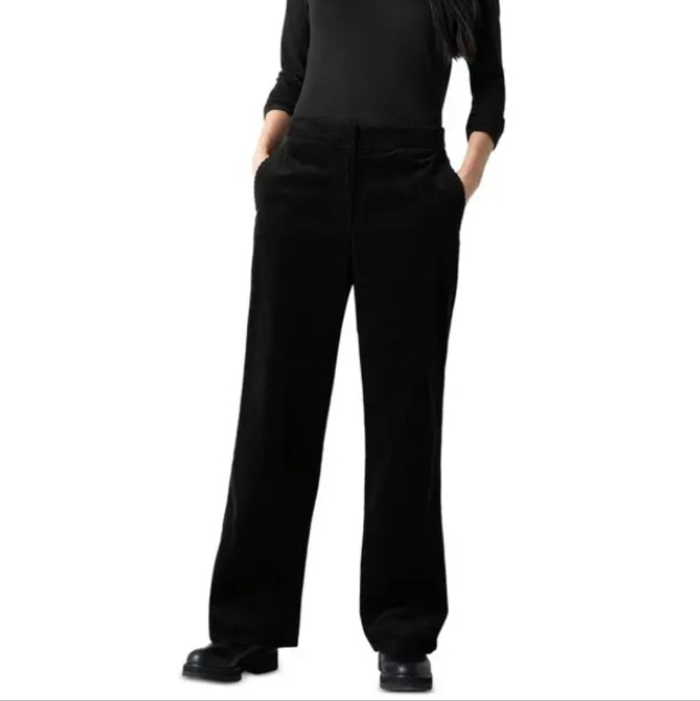 Eileen Fisher Black Wide Leg Organic Cotton-Blend Corduroy Pants Women's XXS